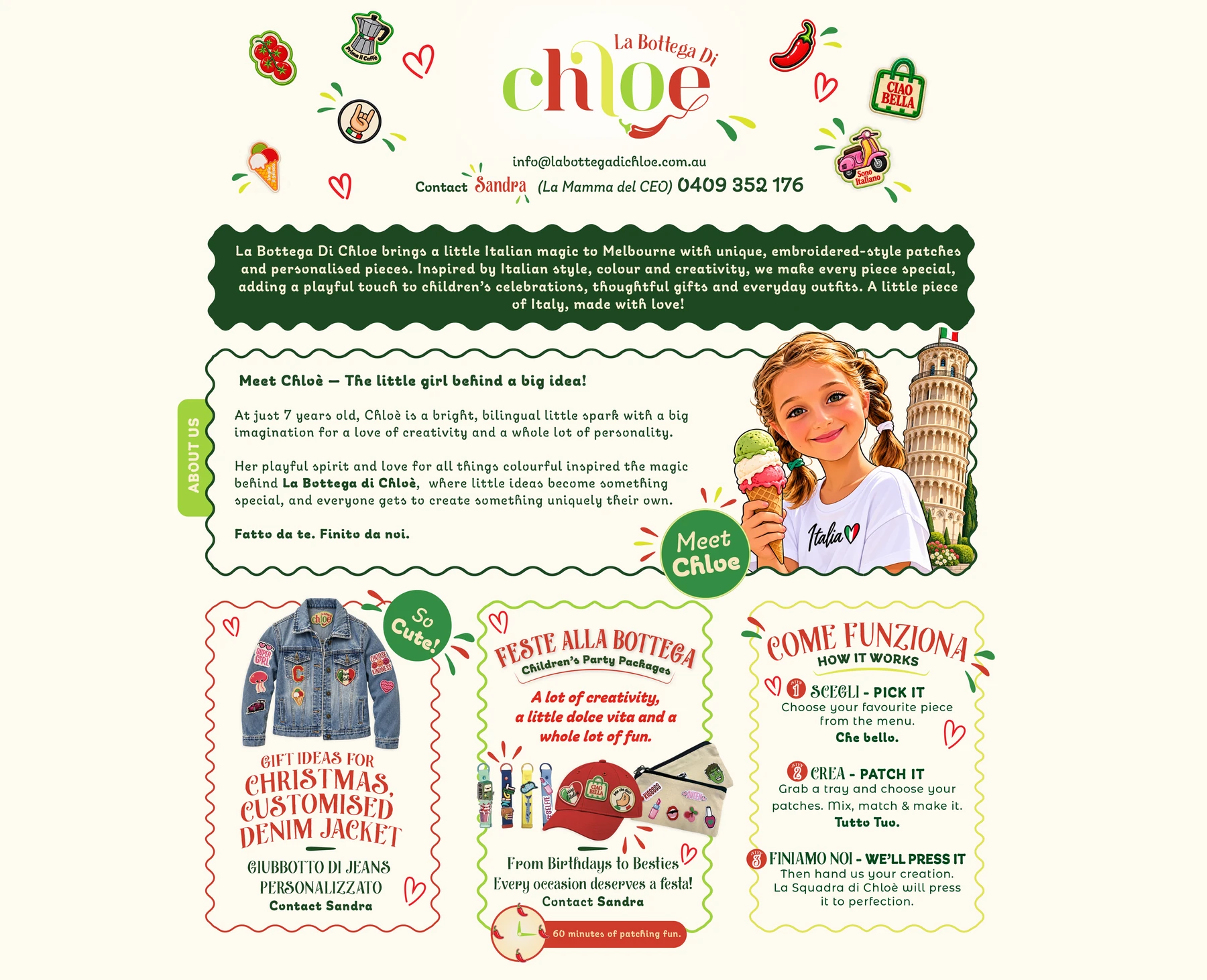 La Bottega Di Chloe website design with Italian-inspired patches and personalised denim.